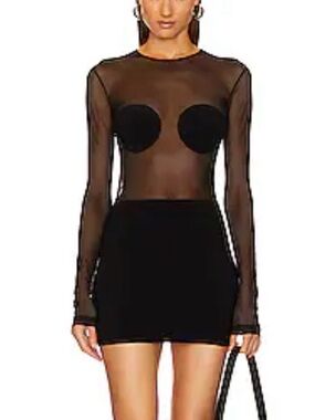 Norma Kamali Dot Dash Black Sheer Mesh Long-Sleeve Dress M/38